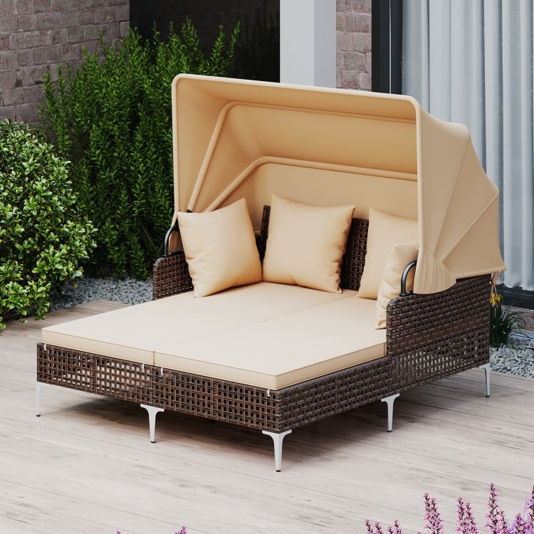 Mix Brown PE Rattan Outdoor Daybed with Cushions and Canopy - 60" x 52.5" x 54.5"
