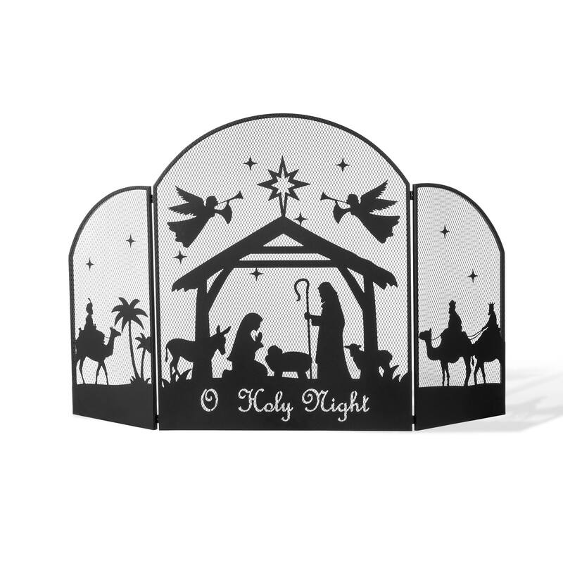 Glitzhome 29.75"H Christmas Metal Mesh Silhouette Nativity Scene Screen - Black