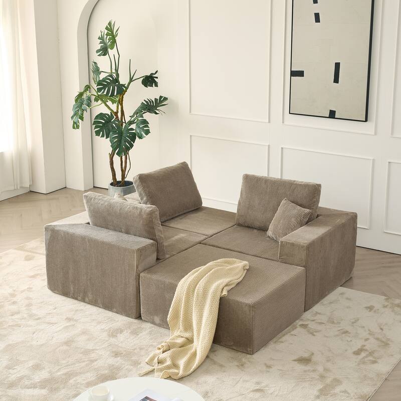 Modular L Shaped Sectional Sofa with Ottoman, Corduroy Boneless Cloud Sofa, 3 Seater Upholstered Sofa with 2 Pillows