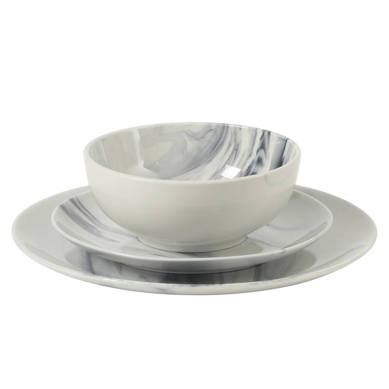 Gibson Home Cloudlight 12 Piece Plates and Bowls Dishes - Decorated Porcelain Ceramic Dinnerware Set - Service for 4