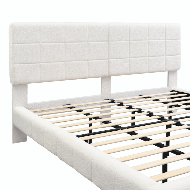 White Bouclé Floating Bed with Ambient Light