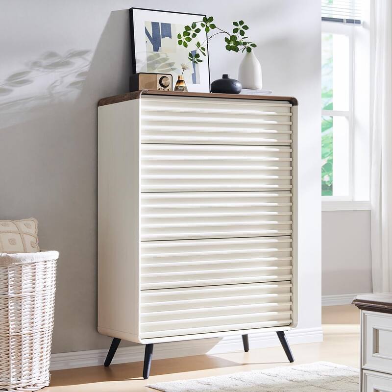 Mid Century Modern 5 Drawers Dresser, Wood Fluted Chest of Drawers - Antique White