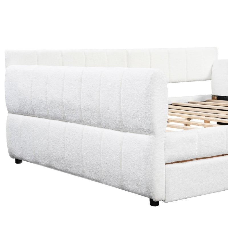 Upholstered Daybed with 2 Storage Drawers, Queen Size Sofa Bed Frame with USB Ports Design and Wood Slats Support