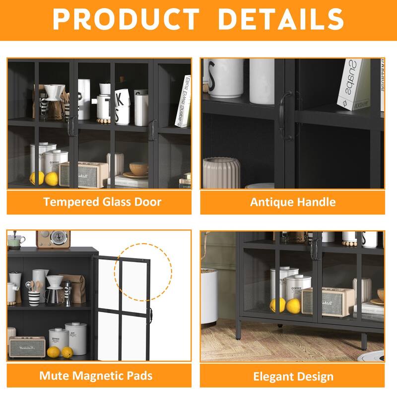Sideboard Cabinet with Glass Doors, Coffee Bar Cabinet with Shelves, Steel Storage Cabinet with Adjustable Feet