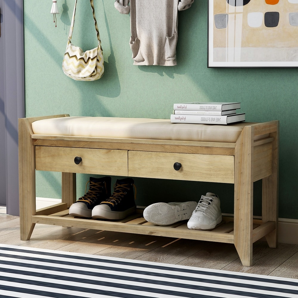 Shoe Rack Bench with Gridded Base Rack, Entryway Storage Bench with Cushioned Seat & Drawers for Front Door Entrance, Hallway