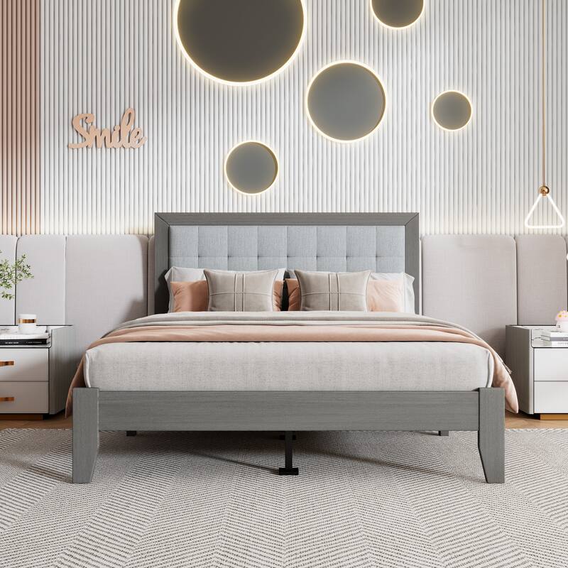 Roomfitters Solid Wood Platform Bed Frame, Mid-Century Upholstered Foundation with Tufted Headboard and Slats, Grey