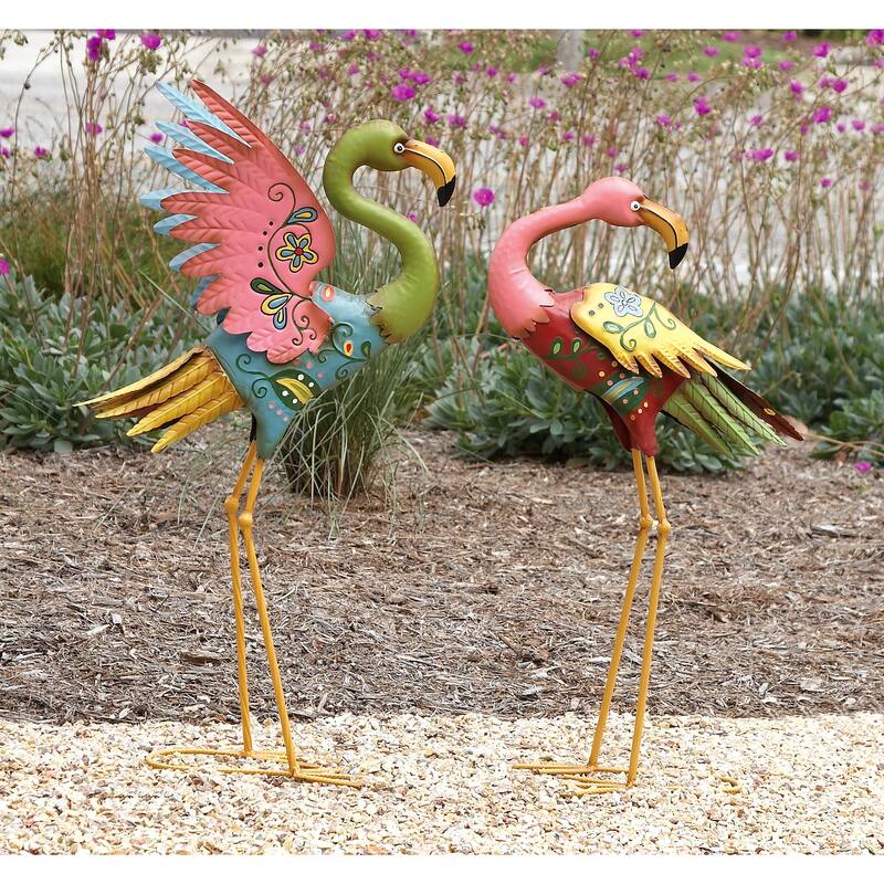 Multi Colored Metal Indoor Outdoor Embossed Standing Flamingo Decorative Garden Sculpture with Coiled U Shaped Feet (Set of 2)