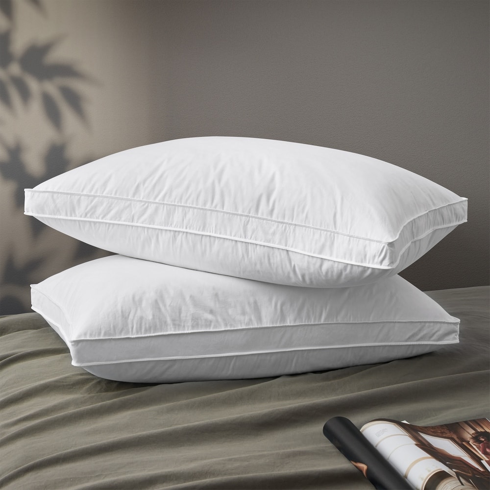 Set of 2 Goose Feather Down Bed Pillows Medium-Firm for Back and Side Sleepers - White