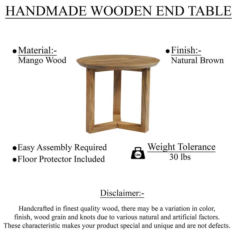 Nina 18.5" Round Handcrafted Side End Table, Natural Brown Mango Wood