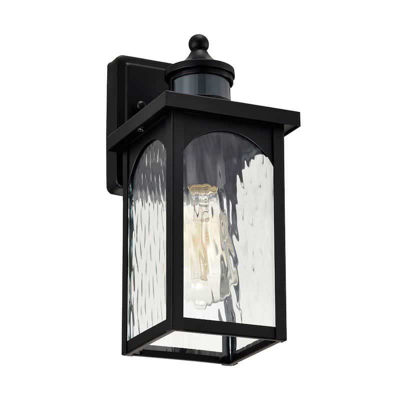 12 in. 1-Light Matte Black Motion Sensing Dusk to Dawn Outdoor Hardwired Wall Lantern Sconce with Clear Water Wave Glass