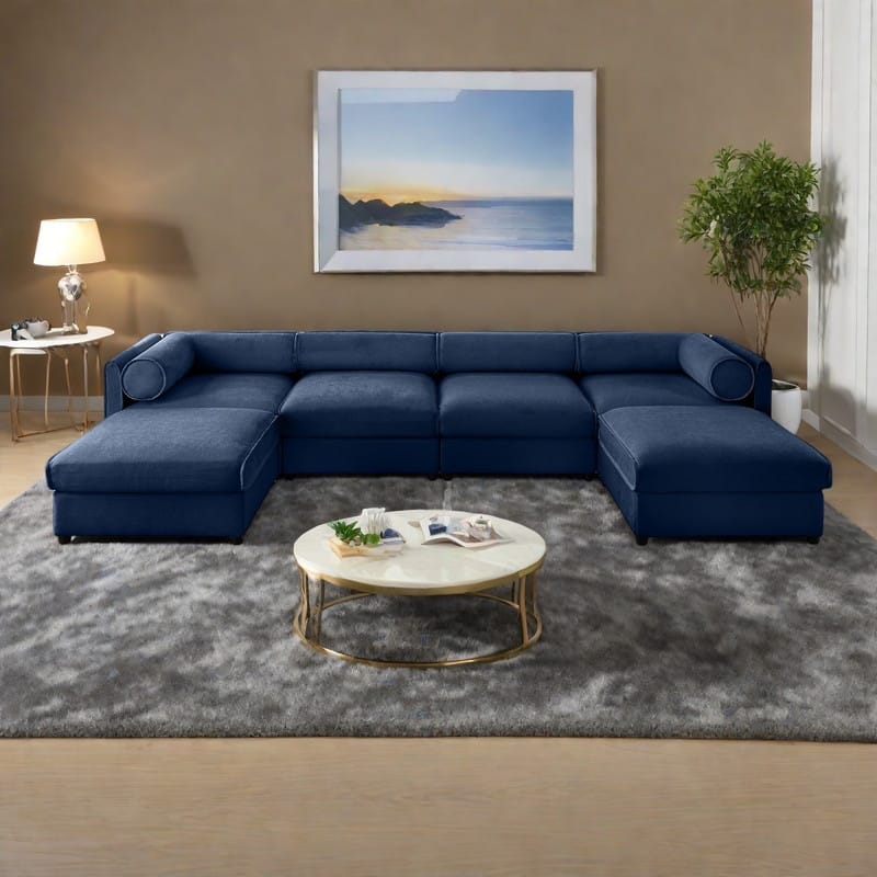 142.5" Extra Large U-Shaped Chenille Sectional Sofa with Storage Ottoman and Cylindrical Backrest(4-Seater Modular Design) - Blue