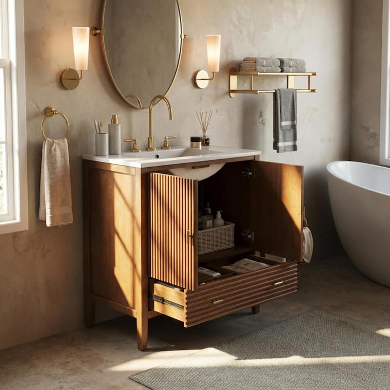 Christopher Knight Home - Mid-Century Freestanding Bathroom Vanity with Ceramic Sink, Flip-Up & Dual Drawers
