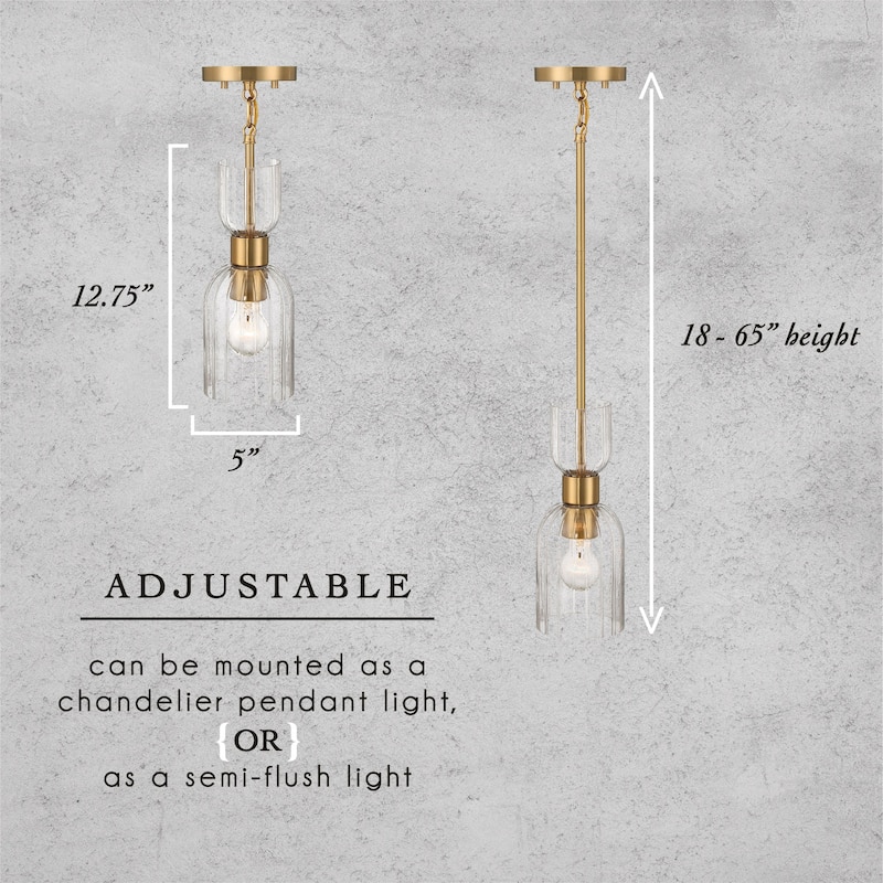 Josephine Metal and Clear Ribbed Glass Ceiling Light - 5.0"L x 5.0"W x 12.8"H