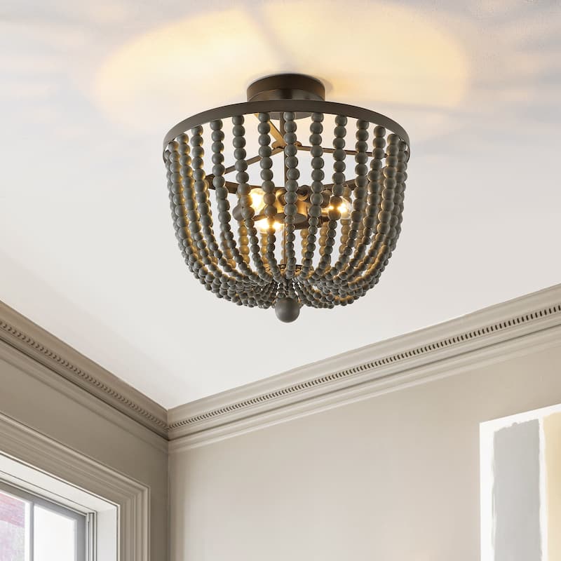 Dune Wood Bead 16" 3-Light Bohemian Farmhouse Iron LED Semi Flush Mount, Oil Rubbed Bronze/Grey by JONATHAN Y