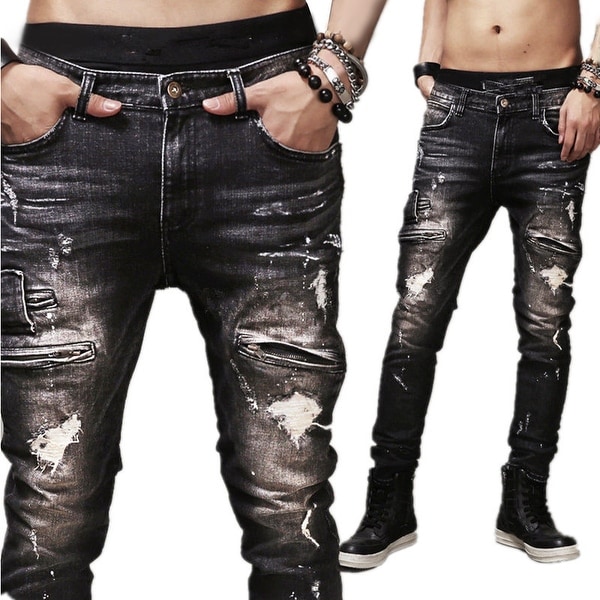 black slim fit distressed jeans