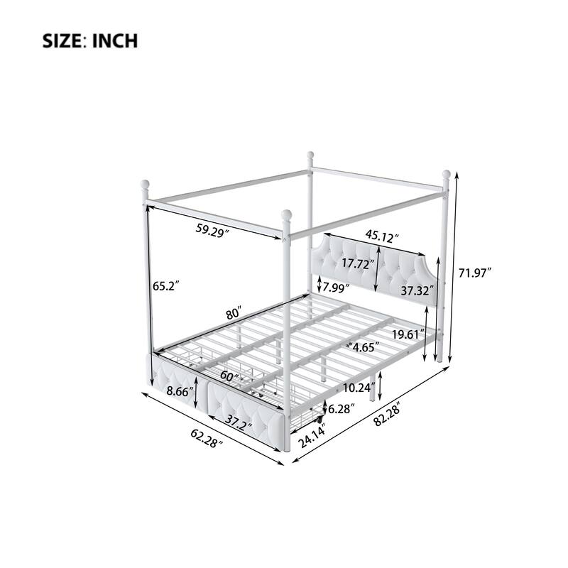 Queen Size Metal Canopy Platform Bed with Upholstered Headboard and Two Drawers - White