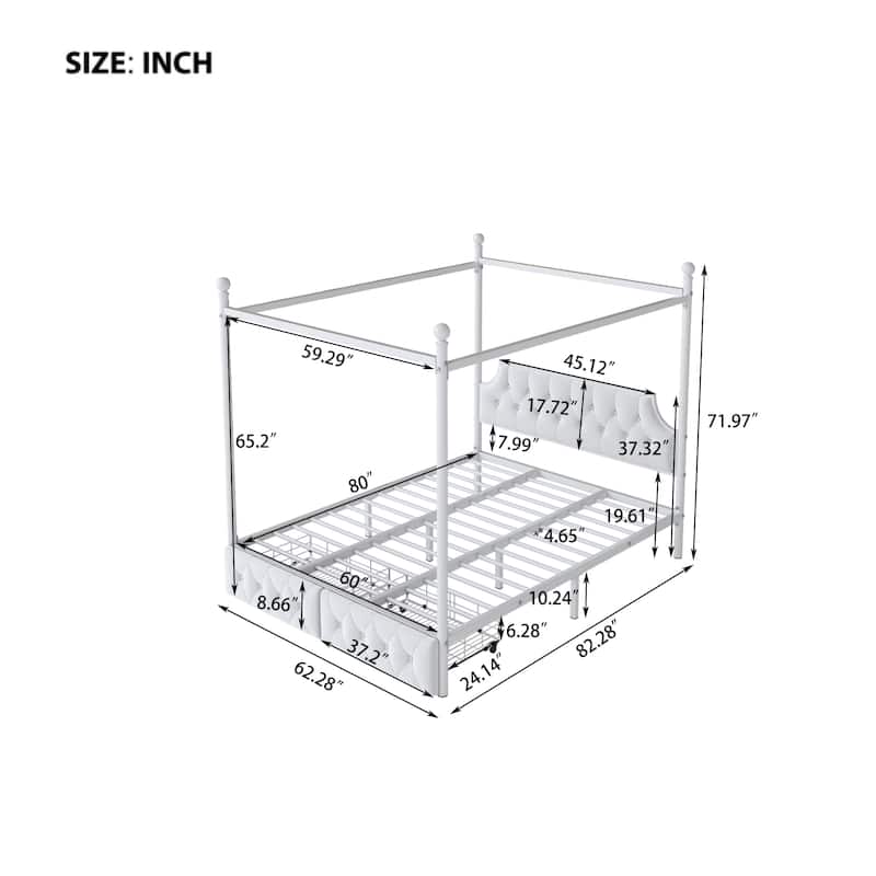 Queen Upholstered Canopy Bed Frame with 2 Drawers and Button Tufted Headboard/Metal Platform Bed Frame/Sturdy Metal Frame/White