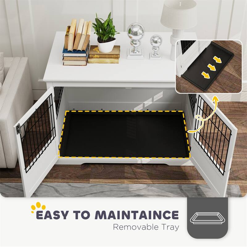 White MDF and Steel Extra Large Dog Crate with Three Doors Full-View Design Side Table Function and Removable Tray