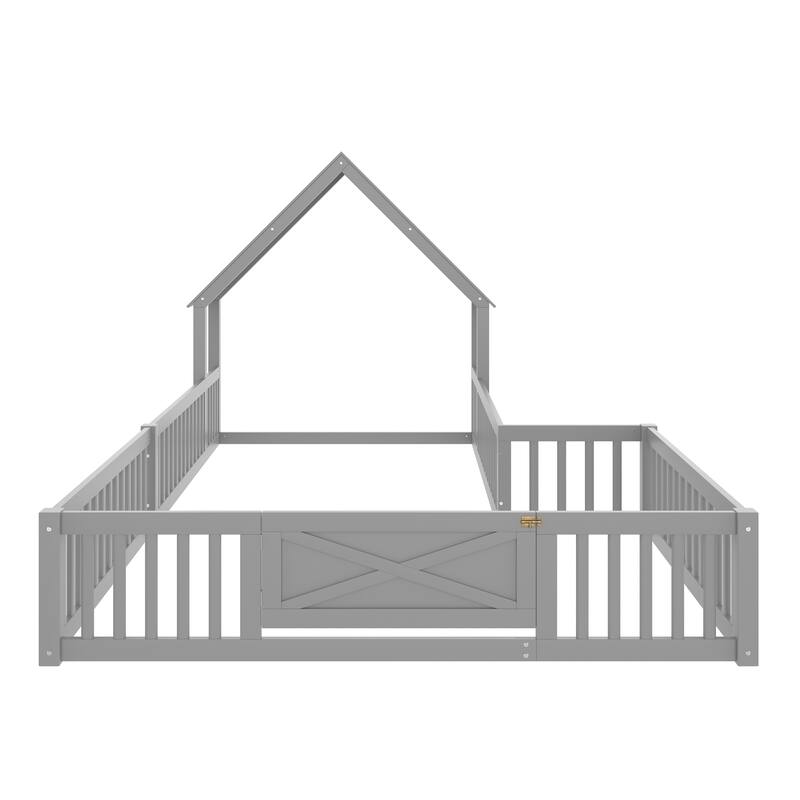 Full Size House Floor Bed, Double Full Floor Bed with Door and Full-length Guardrails, Multi-function Design