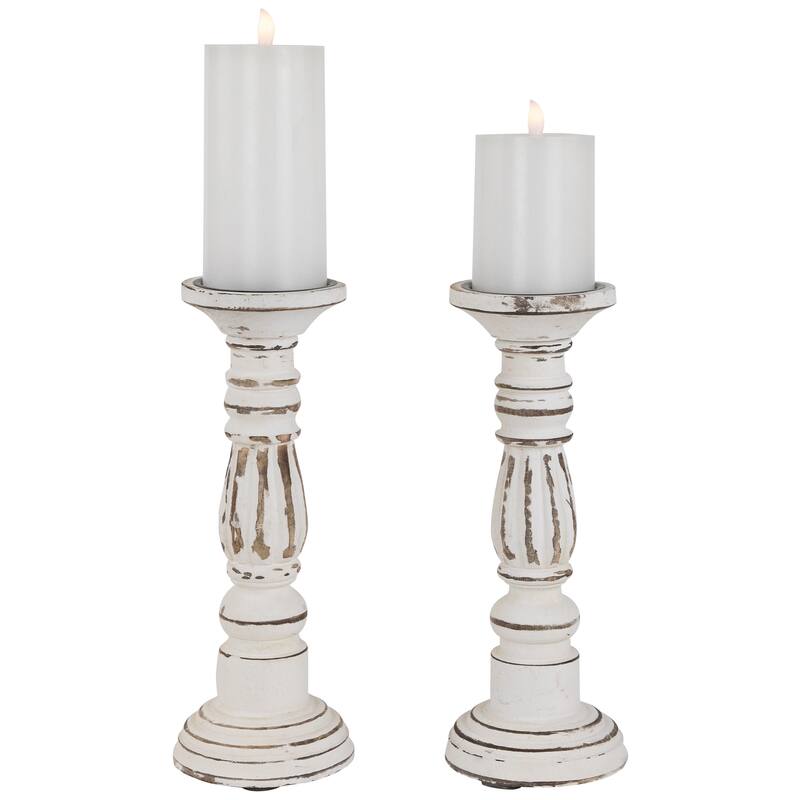 Set of 2 Antique White Pillar Candle Holders 12"
