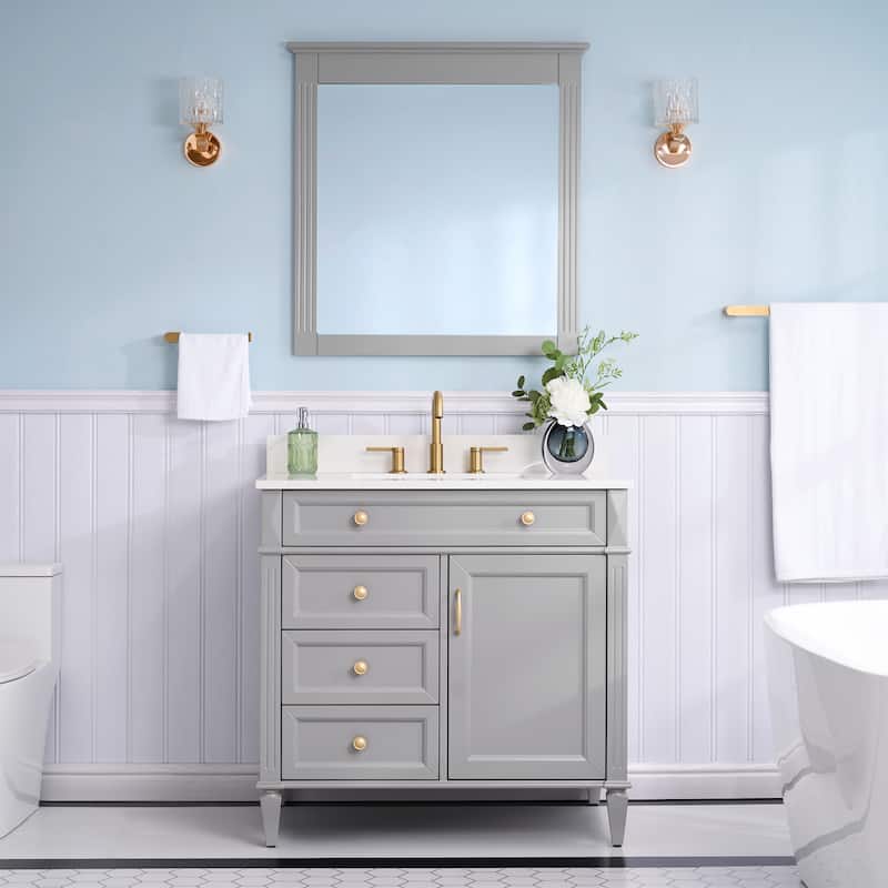35''H Solid Wood Bath Vanity With Carrera White Quartz Top and Sink