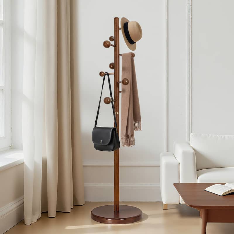 Solid Wood Coat Rack Freestanding Coat Tree Stand with 9 Hooks - 72.4"H x 15.4"W
