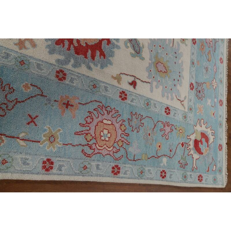 Floral Ivory Oushak Oriental Area Rug Hand-Knotted Wool Carpet - 9'1"x 12'0"