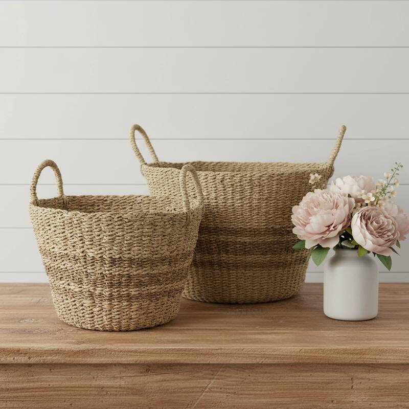 HomeRoots Set of Two Brown Wicker Basket - 17.7165" W x 17.7165" D x 11.811" H
