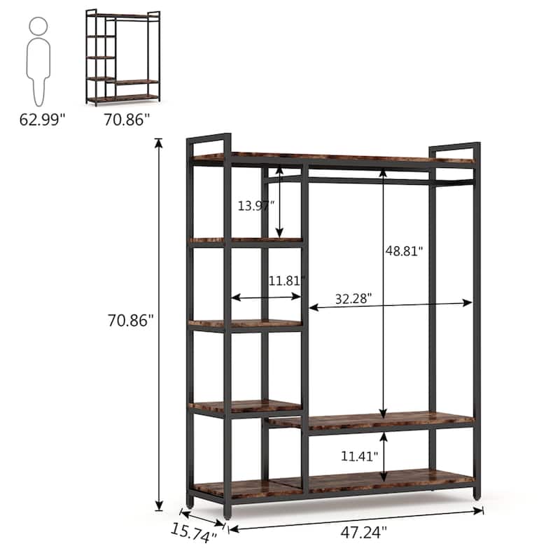 Brown/ Black Wood Industrial Clothing rack with shelves, 5-Tier Clothes Garment Rack Closet Organizer System with Hanging Rod