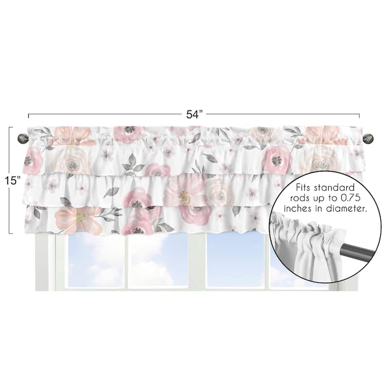Pink and Grey Watercolor Floral Window Curtain Valance - Blush Gray White Shabby Chic Rose Flower Polka Dot Tiered Ruffled