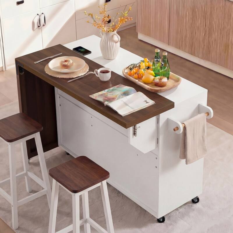 Mobile Kitchen Cart with Pull Out Dining Table Storage Drawers and Spice Rack