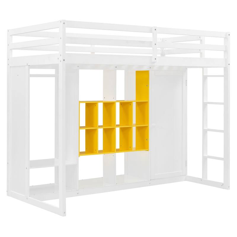 Twin/Full Size Versatile Loft Bed with Wardrobe, Storage Bed Frame with Multi-Shelves and Clothes Hanging Rod
