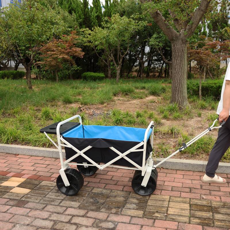 Portable Beach Wagon with 150 lbs Capacity, Foldable Design, Large Plastic Wheels, and Side Table for Gardening