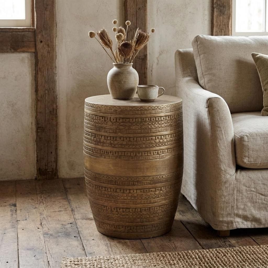 HomeRoots Copper Distressed Iron Round Drum End Table - 15.00 in. x 19.70 in. x 15.00 in.