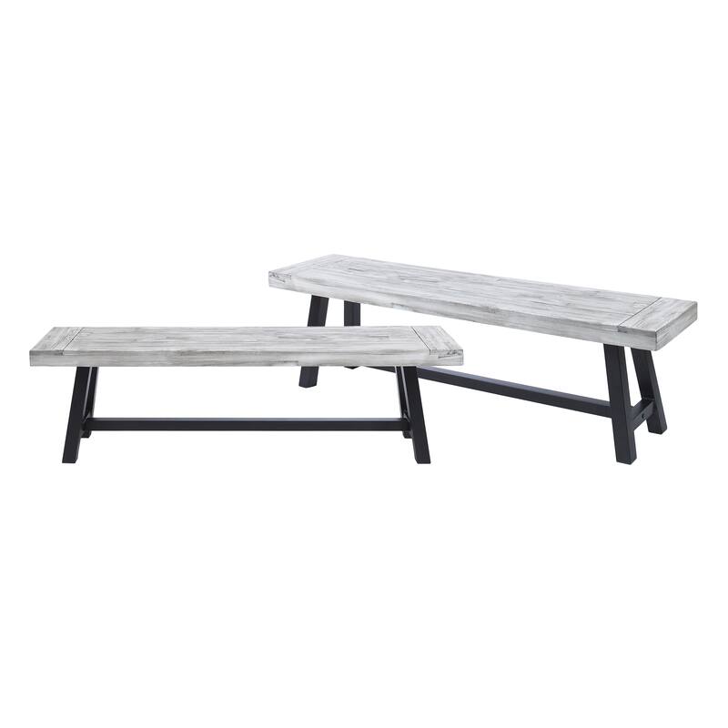 2-Piece Outdoor Bench Set, Acacia Wood Dining Bench with Metal Legs Rustic Indoor Outdoor Porch Benches for Yard Garden Dining