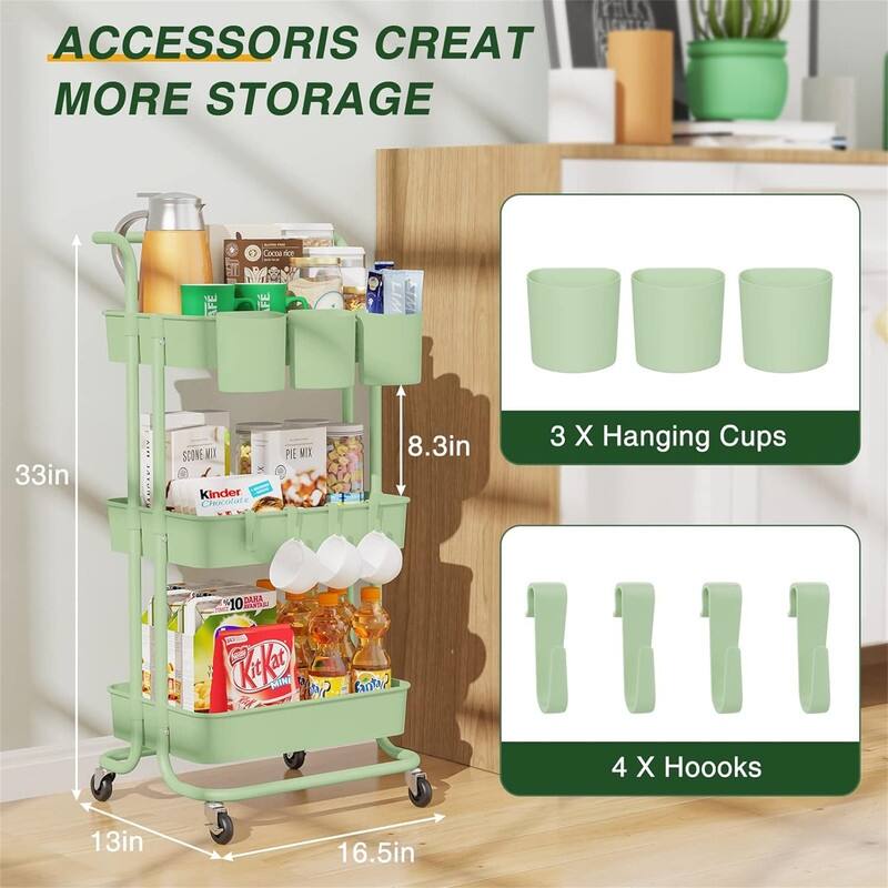 3Tier Rolling Mobile Utility Cart with Hanging Cups - 13"D x 16.5"W x 33"H