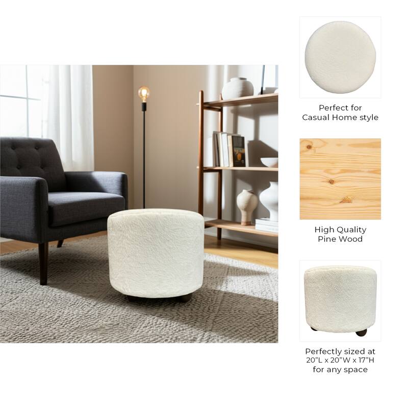 Wood Faux Fur Ottoman Ball Feet Luxury Pouf Footstool - 15" Ivory