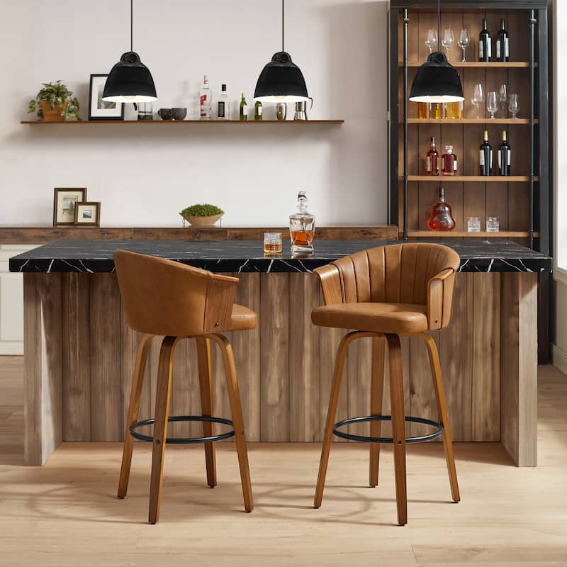 Art Leon Wood and Faux Leather Counter Height Barstool, Set of 2