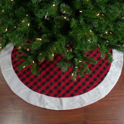 48" Red and Black Buffalo Plaid Christmas Tree Skirt with Faux Fur Trim - 48