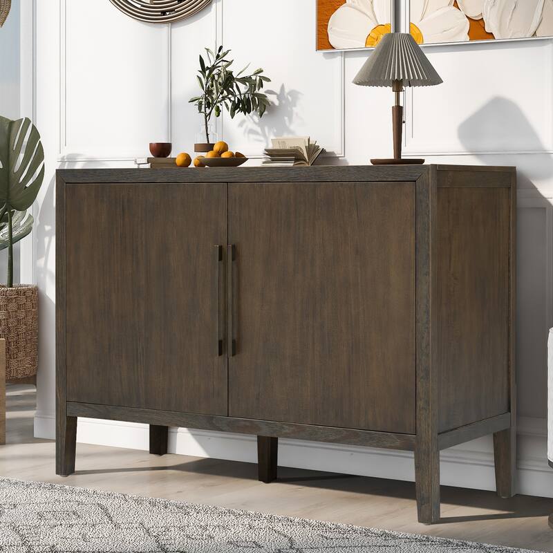 47.25"Sideboard with Pine Veneer and 2 Doors, Retro Buffet with Adjustable Feet, Wooden Storage Cabinet with Metal Handles