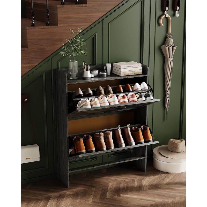 Freestanding Slim Shoe Storage Cabinet with 2 Flip Drawers for Entryway Hallway - Black