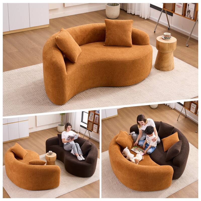 Yin-Yang Design Single Chaise Couch S-curved Chenille Sofa, Purchase 2pc for Combination into Tai Chi Round Sleeper Sofa Bed - Orange