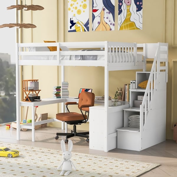 slide 2 of 22, Full Loft Bed w/Built-in Desk and Storage Shelves, Storage Staircase White - Full