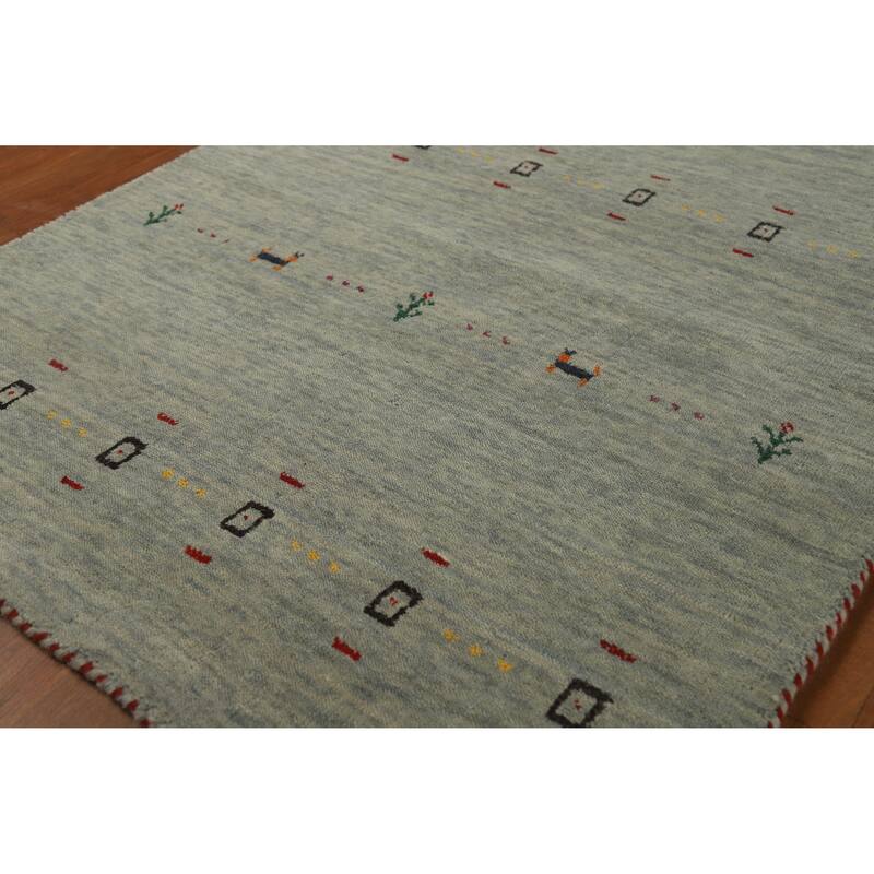 Hand Knotted Oriental 100% Wool Carpet Tribal Animal Pictorial Green Gabbeh Area Rug - 4' 11'' X 3' 0''