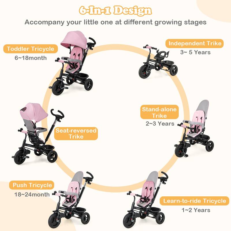 Gymax 4-in-1 Baby Tricycle Toddler Trike w/ Reversible Seat Canopy &