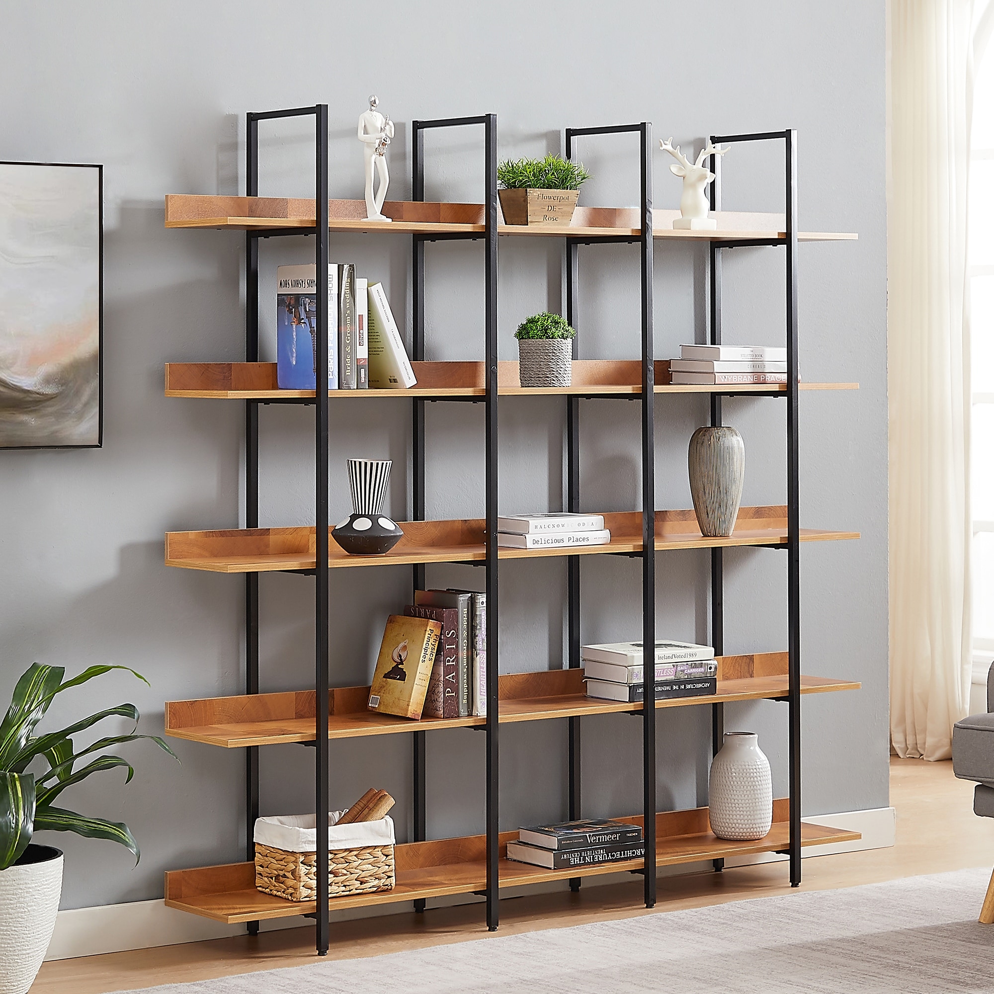 5 Tier Bookcase Home Office Open Bookshelf, Vintage Industrial Style Shelf, MDF Board, Black Metal Frame