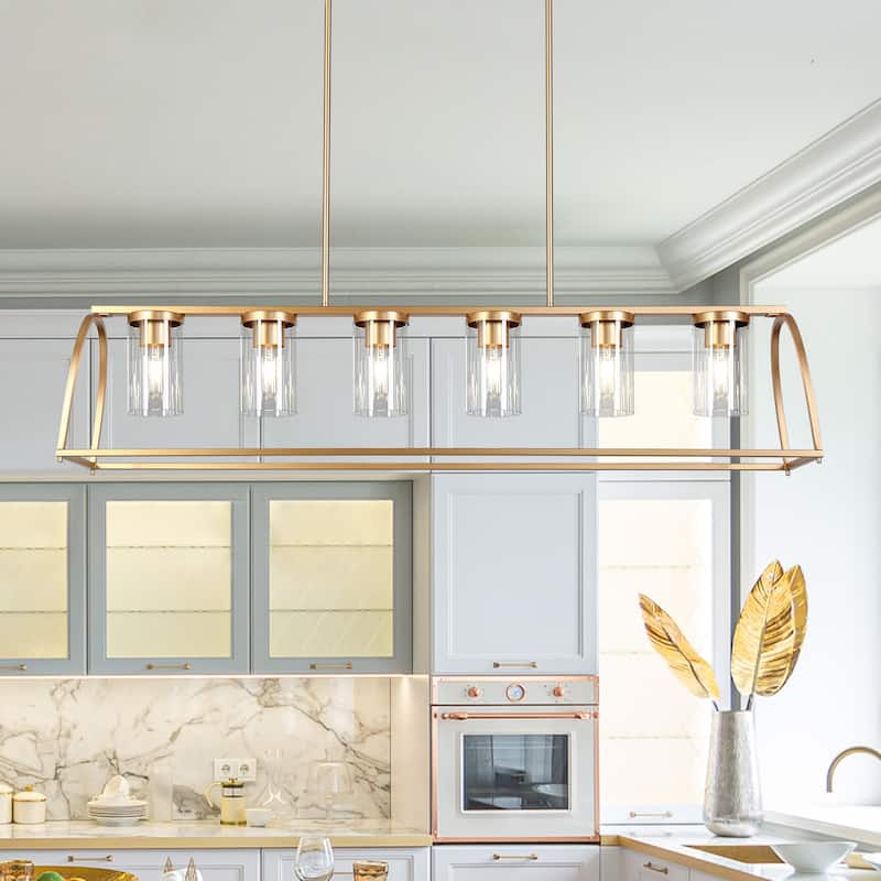Modern Lantern 6-Light Island Farmhouse Chandelier Linear Pendant with Cylinder Glass - 51.2"W x 9.8"D x 25.8" - 75.8"H