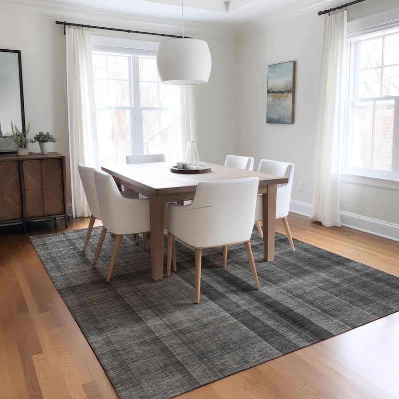 Machine Washable Indoor/ Outdoor Modern Plaid Chantille Rug - Gray - 9' x 12'