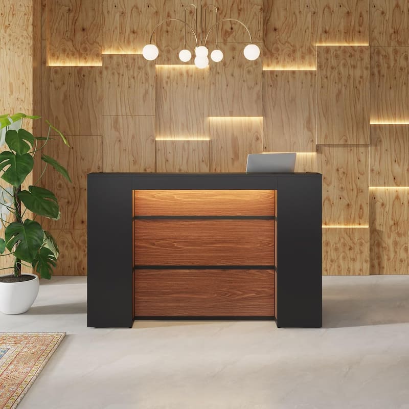 Reception Desk Front Desk with LED Lights,Large Reception Counter Table with Private Panels - Black+Brown