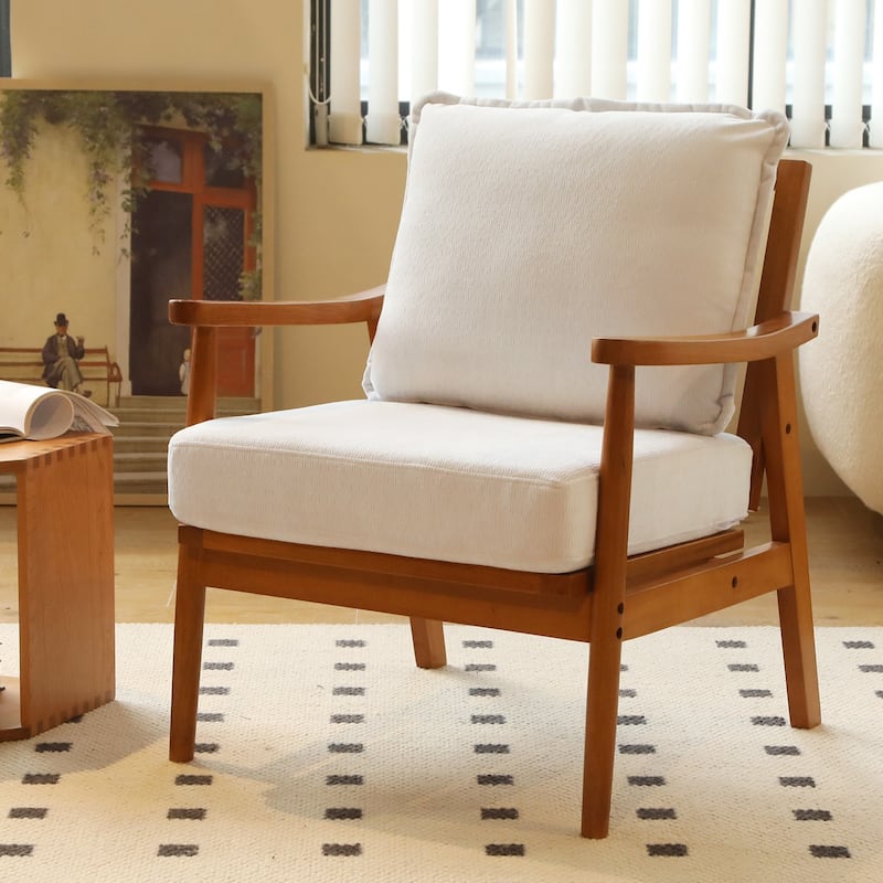 Accent Chair with Solid Wood Frame, Living Room Chair with Soft Fabric Cushion, Cozy Bedroom Chair, Comfy Armless Reading Chair - White